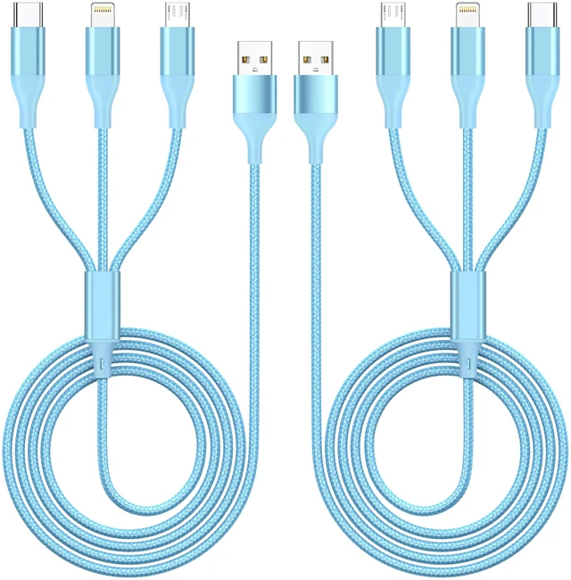 Main image of 3 in 1 Charging Cable,Multi Charger Cable USB Phone Multiple Charger Cord | Universal Charging Cords with Multiple Connectors (2Pack 4FT) Type C,IP,Micro USB Cable for iPhone17-5,Galaxy,Blue