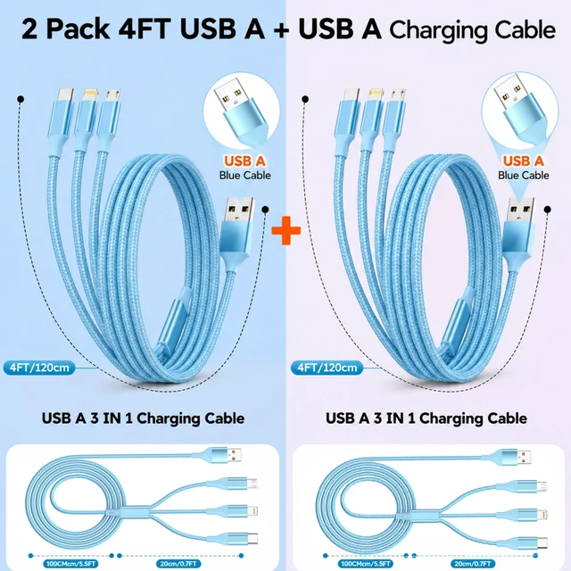Alt view image 2 of 7 - 3 in 1 Charging Cable,Multi Charger Cable USB Phone Multiple Charger Cord | Universal Charging Cords with Multiple Connectors (2Pack 4FT) Type C,IP,Micro USB Cable for iPhone17-5,Galaxy,Blue