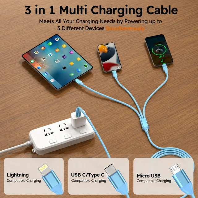Alt view image 3 of 7 - 3 in 1 Charging Cable,Multi Charger Cable USB Phone Multiple Charger Cord | Universal Charging Cords with Multiple Connectors (2Pack 4FT) Type C,IP,Micro USB Cable for iPhone17-5,Galaxy,Blue