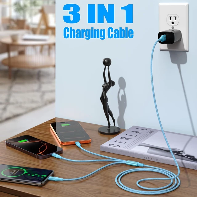 Alt view image 4 of 7 - 3 in 1 Charging Cable,Multi Charger Cable USB Phone Multiple Charger Cord | Universal Charging Cords with Multiple Connectors (2Pack 4FT) Type C,IP,Micro USB Cable for iPhone17-5,Galaxy,Blue