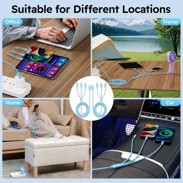 Alt view image 7 of 7 - 3 in 1 Charging Cable,Multi Charger Cable USB Phone Multiple Charger Cord | Universal Charging Cords with Multiple Connectors (2Pack 4FT) Type C,IP,Micro USB Cable for iPhone17-5,Galaxy,Blue