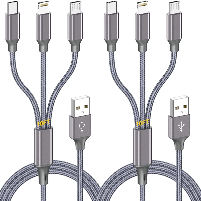 Main image of Long Multi Charging Cable 10ft 2Pack,3 in 1 USB Multiple MFi Charger cord | Braided Charging Universal Phone Charger Cord with Usb C,Micro USB,IP Port Lightning for iPhone17-5/Android Phones