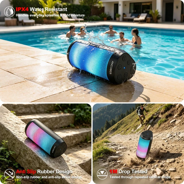 Alt view image 5 of 7 - Bluetooth Speaker, Portable Wireless, 20W HD Stereo Sound, 30H Playtime | 8 Cool RGB LED Light Shows, IPX4 Waterproof, TWS Pairing, Built-in Mic, BT5.3, for Outdoor, Home, Party, Travel, Ideal Gifts