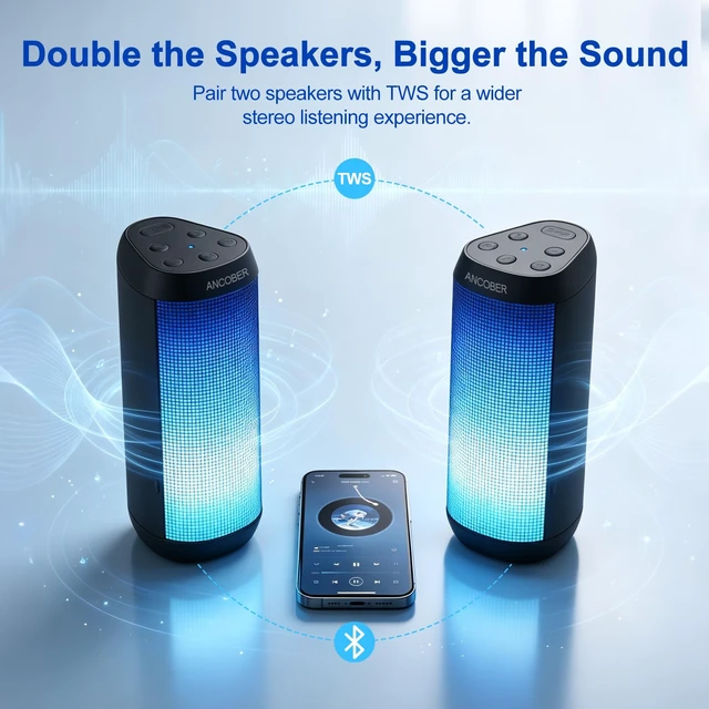 Alt view image 6 of 7 - Bluetooth Speaker, Portable Wireless, 20W HD Stereo Sound, 30H Playtime | 8 Cool RGB LED Light Shows, IPX4 Waterproof, TWS Pairing, Built-in Mic, BT5.3, for Outdoor, Home, Party, Travel, Ideal Gifts