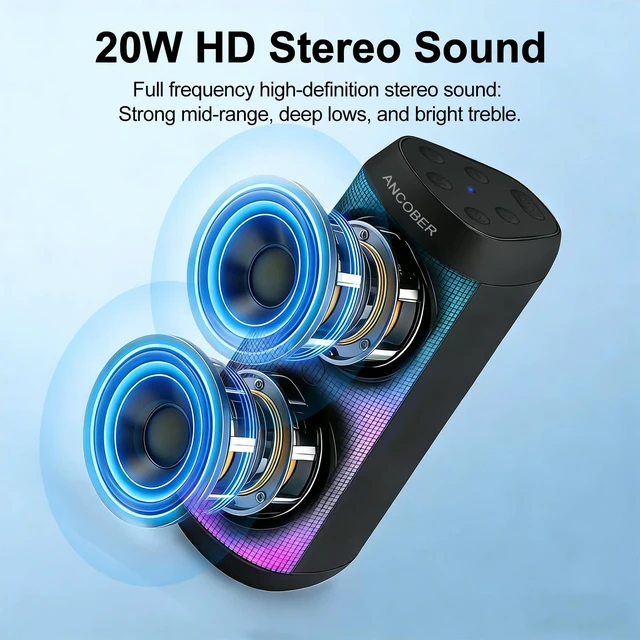 Alt view image 2 of 7 - Bluetooth Speaker, 20W HD Stereo, Portable Wireless, IPX4, 30H Playtime | 8 RGB Light Modes, BT 5.3/3.5mm AUX, TWS, Built-in Mic, for Home, Camping, Party, Travel, Beach, Outdoor, Gifts for Everyone