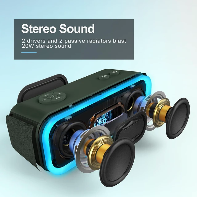 Alt view image 2 of 7 - SoundBox Pro Bluetooth Speaker, 20W Stereo Sound, Active Extra Bass | Portable, 20H Playtime, Multi-Colors Lights, TWS Pairing, IPX6 Waterproof, Hiking, Camping, Outdoor, House Party Use, Green