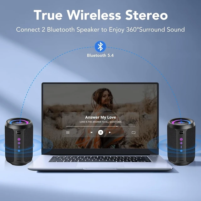 Alt view image 3 of 7 - Portable Bluetooth Speaker with Lights, Bluetooth 5.4 Speaker, All Day Playtime, Powerful Crystal Clear Sound,15W Loud Stereo Sound, IPX7 Waterproof,TWS pairing for Home/Party/Travel/Outdoor,Black