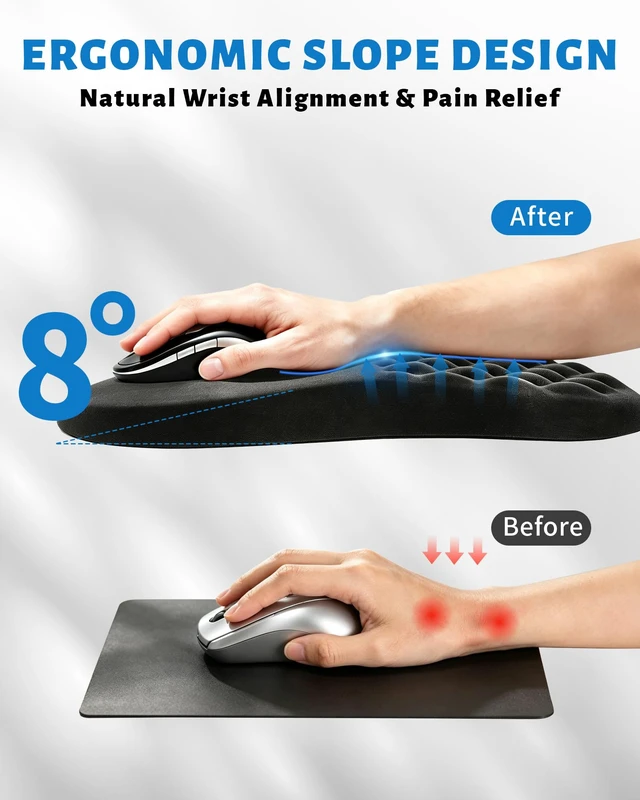 Alt view image 2 of 7 - Ergonomic Mouse Pad with Wrist Rest, Slope Massage Design for Pain Relief | Memory Foam with Smooth Lycra Surface, Non-Slip PU Base, Gaming Mouse Mat for Office, Home, Computer Desk, 12x8 Inches
