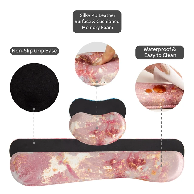 Alt view image 6 of 7 - PU Leather Desk Mat Set, 4-in-1 Ergonomic Wrist Rest, Pink Marble | Waterproof Large Mouse Pad 31.5×15.7 + Keyboard Wrist Rest + Mouse Wrist Support+Coaster, Non-Slip Office Gaming Accessories