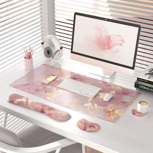 Alt view image 2 of 7 - PU Leather Desk Mat Set, 4-in-1 Ergonomic Wrist Rest, Pink Marble | Waterproof Large Mouse Pad 31.5×15.7 + Keyboard Wrist Rest + Mouse Wrist Support+Coaster, Non-Slip Office Gaming Accessories