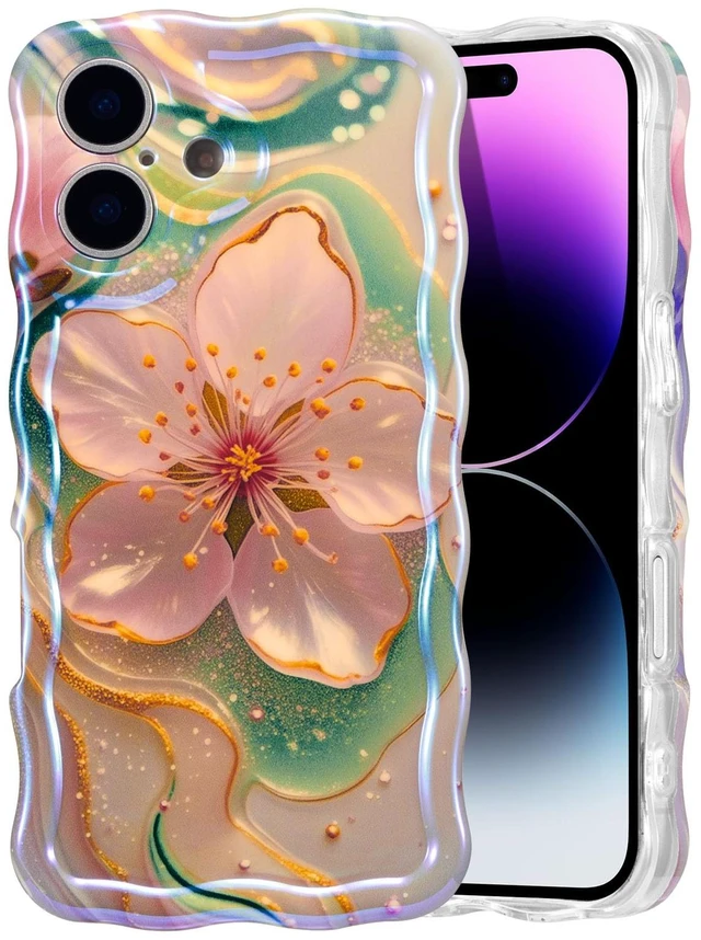 Main image of Case for iPhone 17, Colorful Retro Oil Painting Flower, Sakura | Laser Glossy Floral Pattern, Cute Curly Wave Edge, Exquisite Phone Cover, Stylish Durable TPU Protective Case for Girl Women