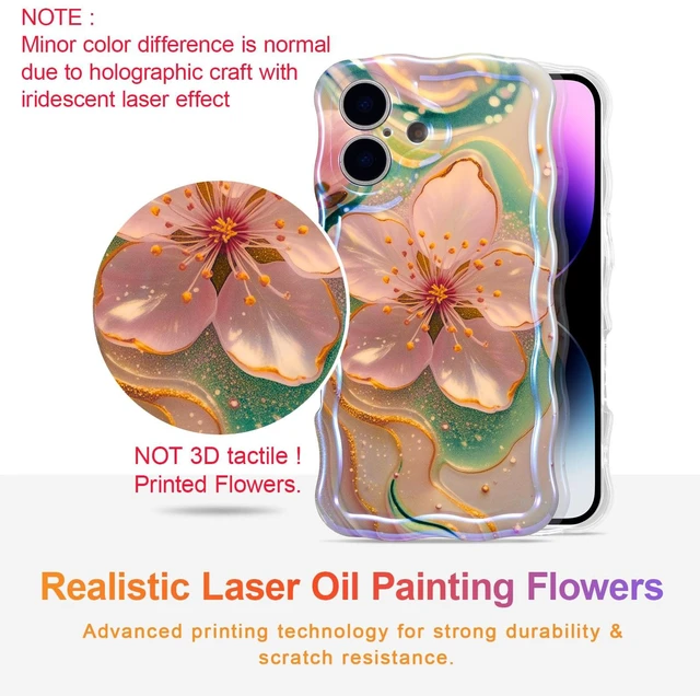 Alt view image 2 of 7 - Case for iPhone 17, Colorful Retro Oil Painting Flower, Sakura | Laser Glossy Floral Pattern, Cute Curly Wave Edge, Exquisite Phone Cover, Stylish Durable TPU Protective Case for Girl Women