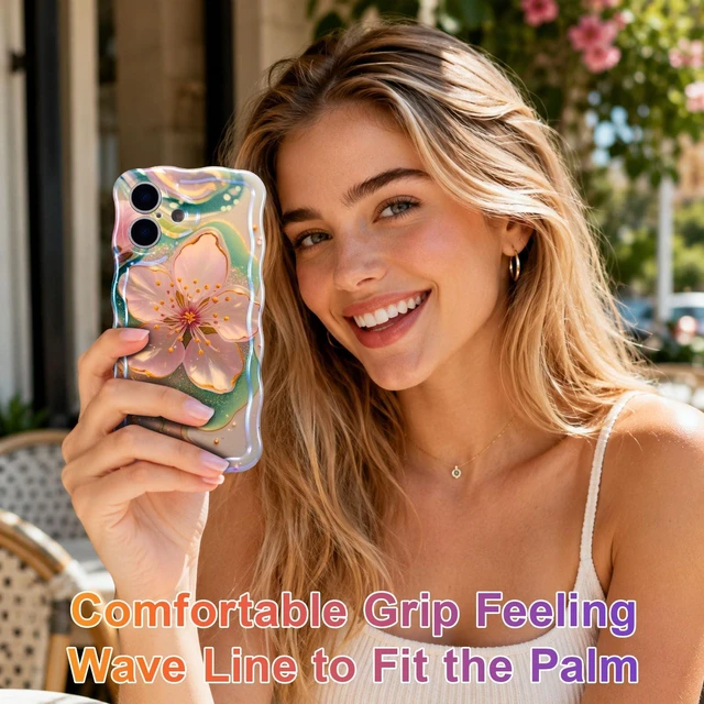 Alt view image 6 of 7 - Case for iPhone 17, Colorful Retro Oil Painting Flower, Sakura | Laser Glossy Floral Pattern, Cute Curly Wave Edge, Exquisite Phone Cover, Stylish Durable TPU Protective Case for Girl Women