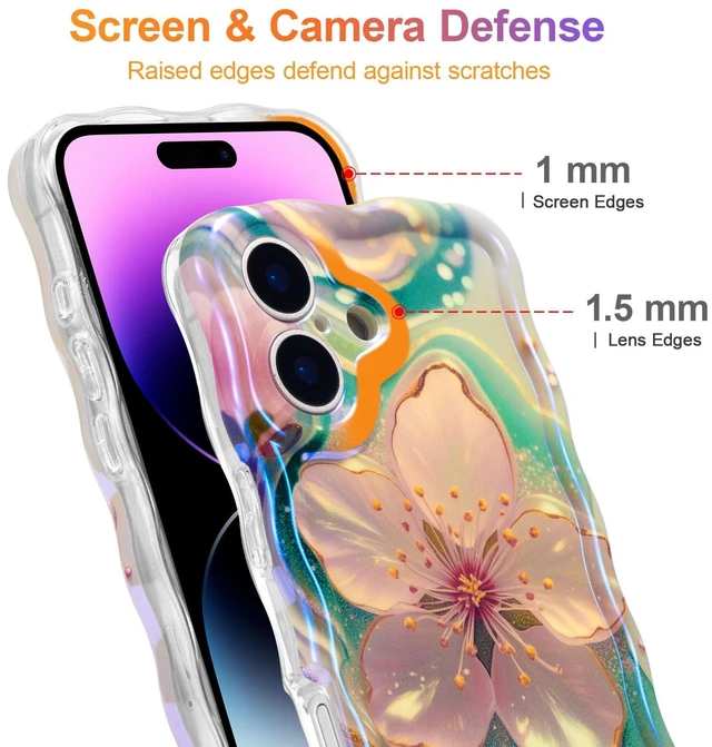 Alt view image 4 of 7 - Case for iPhone 17, Colorful Retro Oil Painting Flower, Sakura | Laser Glossy Floral Pattern, Cute Curly Wave Edge, Exquisite Phone Cover, Stylish Durable TPU Protective Case for Girl Women