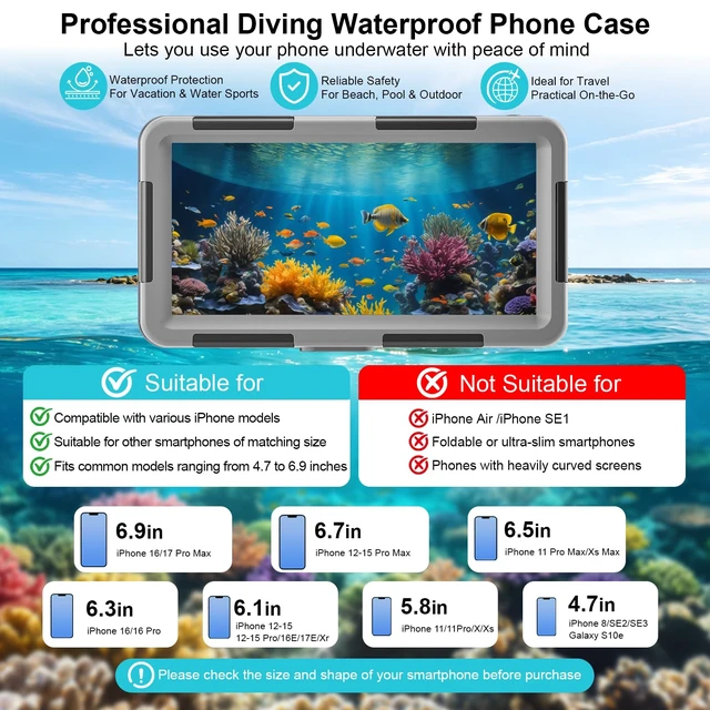 Alt view image 3 of 7 - IP68 Underwater Phone Case for Snorkeling, (50ft/15M) Professional Waterproof Diving Case (2026 Latest), for iPhone 7-17 Pro Max/Pro/Plus/Mini, SE 2/3, Underwater Photo & VideoGrey