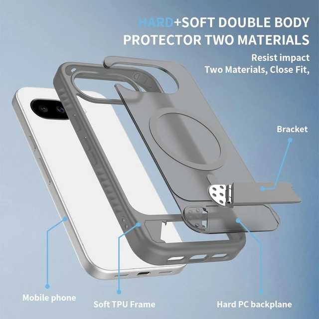 Alt view image 2 of 7 - for Google Pixel 10a Case with Screen Protector,Grey | Built in Invisible Kickstand+Lanyard Wrist Strap,Fit for MagSafe,Magnetic Translucent Matte Rugged Slim Phone Cover