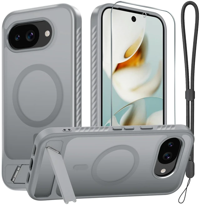 Main image of for Google Pixel 10a Case with Screen Protector,Grey | Built in Invisible Kickstand+Lanyard Wrist Strap,Fit for MagSafe,Magnetic Translucent Matte Rugged Slim Phone Cover
