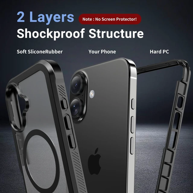 Alt view image 2 of 7 - Magnetic for iPhone 16 Case Heavy Duty Protection Black | Compatible with MagSafe,Military Grade Drop Protection,Translucent Matte,Non-Slip,Shockproof 2-Layer Durable Bumper Case