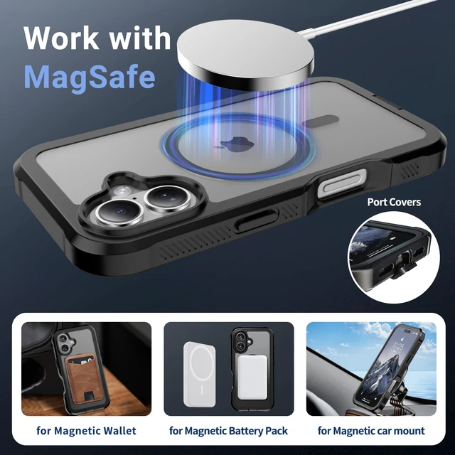 Alt view image 4 of 7 - Magnetic for iPhone 16 Case Heavy Duty Protection Black | Compatible with MagSafe,Military Grade Drop Protection,Translucent Matte,Non-Slip,Shockproof 2-Layer Durable Bumper Case