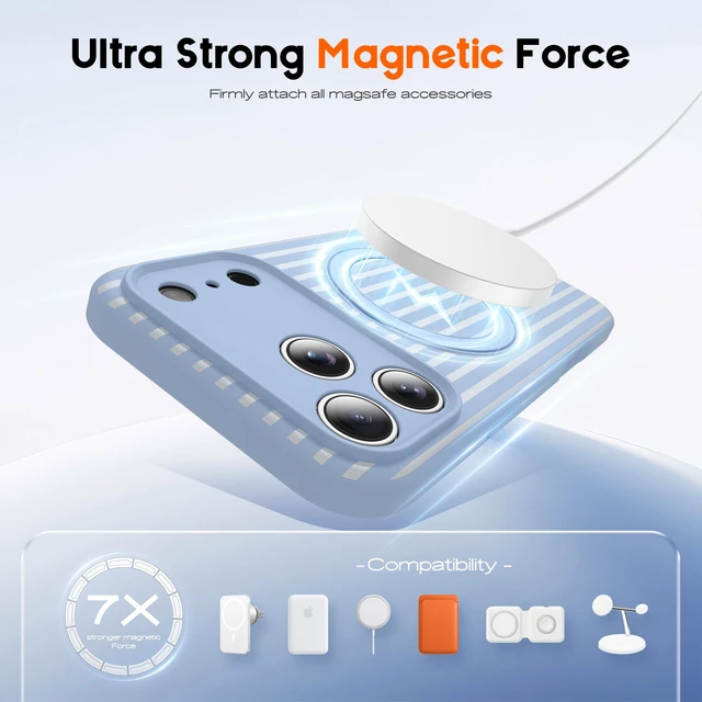 Alt view image 2 of 6 - Striped Case for iPhone 17 Pro Max with Stand,6.9" Blue/White | Aesthetic Striped,Magnetic Stand,Compatible with Mag-Safe,Silicone 17 Pro Max Phone Case