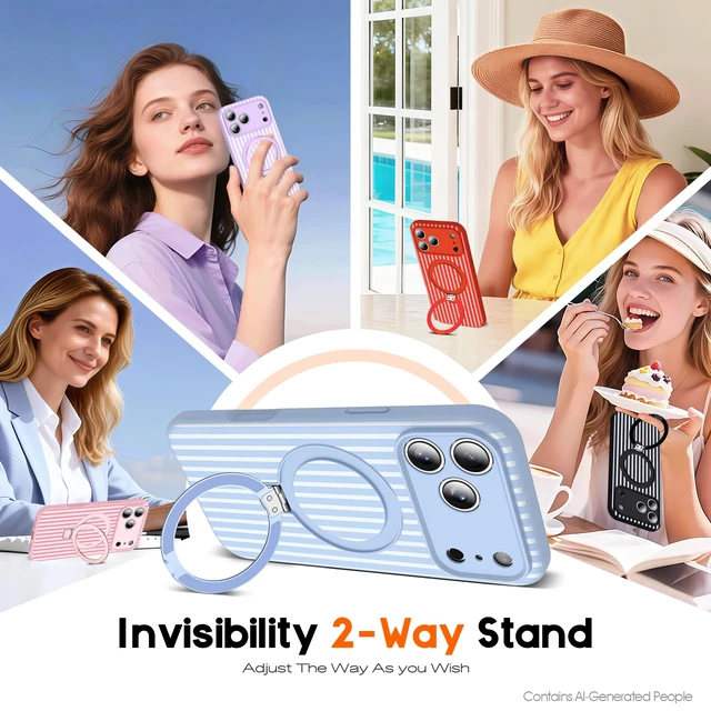 Alt view image 6 of 6 - Striped Case for iPhone 17 Pro Max with Stand,6.9" Blue/White | Aesthetic Striped,Magnetic Stand,Compatible with Mag-Safe,Silicone 17 Pro Max Phone Case