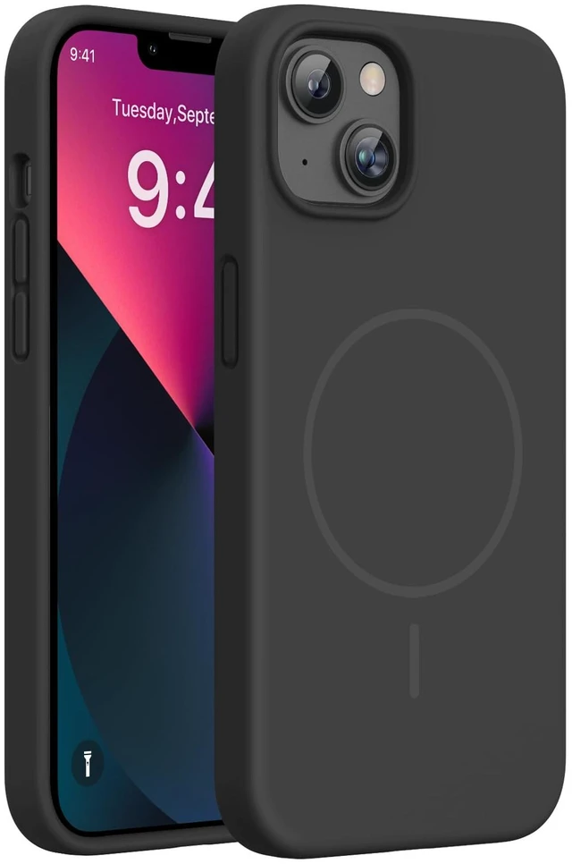 Main image of Silicone & Magnetic for iPhone 13 Case, Dark Black | Compatible with MagSafe, Soft Microfiber Lining, Premium Silicone Cover Shockproof Drop Protection Phone Case for 13