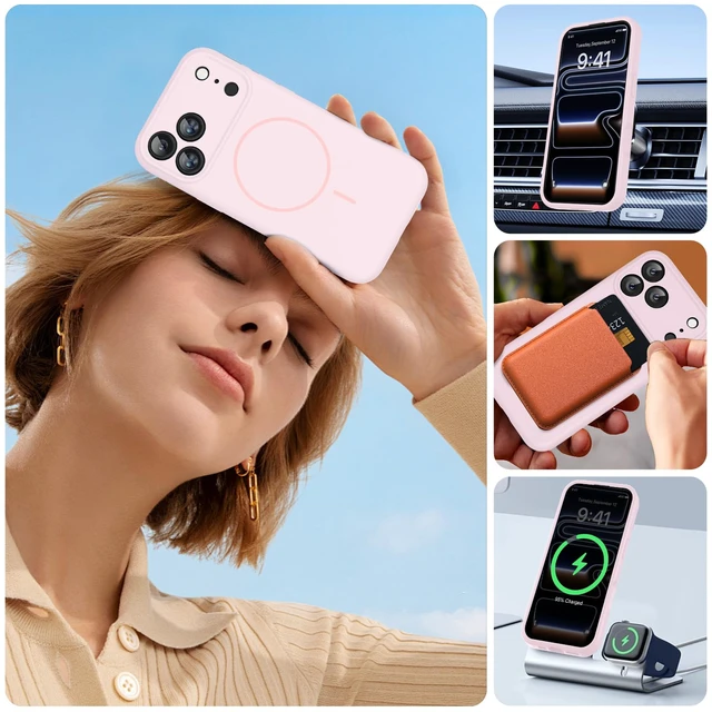 Alt view image 5 of 6 - Magnetic for iPhone 17 Pro Case, Silicone, Sand Pink | Compatible with MagSafe, Soft Microfiber Lining,Shockproof Drop Protection Phone Case for 17 Pro