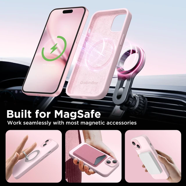 Alt view image 3 of 7 - Magnetic for iPhone 15 Case, Silicone Cover, Chalk Pink | Compatible with MagSafe, Soft Touch Feel, Anti-Scratch Microfiber Lining, Slim Shockproof Protective Phone Case 6.1"