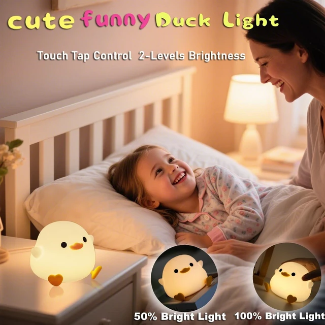 Alt view image 2 of 6 - Cute Pea Duck Night Light,Duck Lamp,2 Levels Dimmable Silicone | Ducky Light,LED Squishy Animal Light for Kids Sleep,Rechargeable Bedside Touch Lamp, Kids Room Decor Gift Toy
