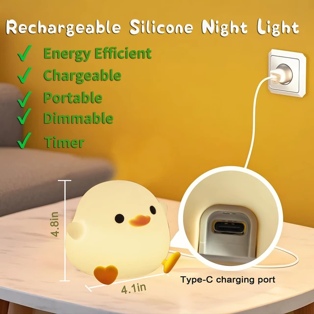 Alt view image 6 of 6 - Cute Pea Duck Night Light,Duck Lamp,2 Levels Dimmable Silicone | Ducky Light,LED Squishy Animal Light for Kids Sleep,Rechargeable Bedside Touch Lamp, Kids Room Decor Gift Toy