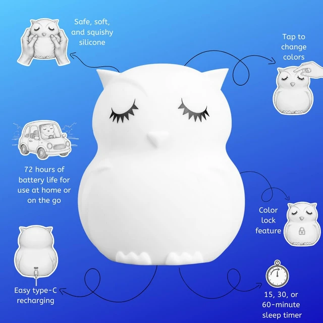 Alt view image 3 of 7 - Owl Squishy Night Light for Kids, Silicone Lamp with Remote | Tap Control | Rechargeable 9-Color Changing | Nursery Nightlight for Boys & Girls | Portable Animal Lamp | USB Cord Included