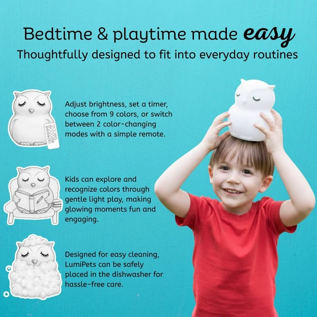 Alt view image 4 of 7 - Owl Squishy Night Light for Kids, Silicone Lamp with Remote | Tap Control | Rechargeable 9-Color Changing | Nursery Nightlight for Boys & Girls | Portable Animal Lamp | USB Cord Included