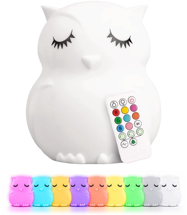 Main image of Owl Squishy Night Light for Kids, Silicone Lamp with Remote | Tap Control | Rechargeable 9-Color Changing | Nursery Nightlight for Boys & Girls | Portable Animal Lamp | USB Cord Included