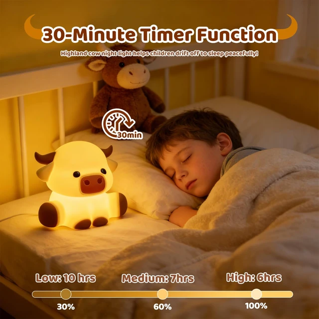 Alt view image 2 of 6 - Cute Highland Cow Rechargeable Night Light, LED Touch Silicone Lamp for Bedroom with 7 Colors Timer and Dimmable Squishy Warm Night Lights, Novelty Animal Lamp for Nursery Birthday Gift