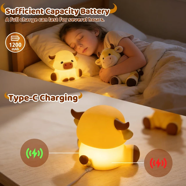 Alt view image 3 of 6 - Cute Highland Cow Rechargeable Night Light, LED Touch Silicone Lamp for Bedroom with 7 Colors Timer and Dimmable Squishy Warm Night Lights, Novelty Animal Lamp for Nursery Birthday Gift