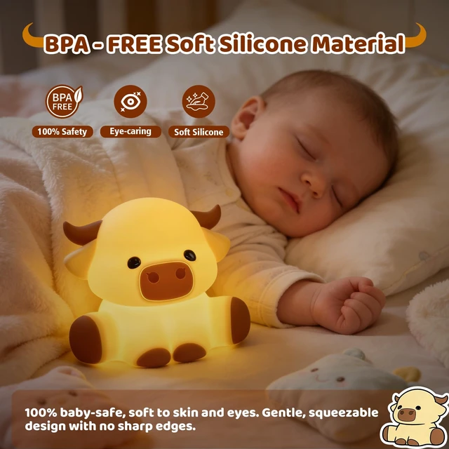 Alt view image 4 of 6 - Cute Highland Cow Rechargeable Night Light, LED Touch Silicone Lamp for Bedroom with 7 Colors Timer and Dimmable Squishy Warm Night Lights, Novelty Animal Lamp for Nursery Birthday Gift