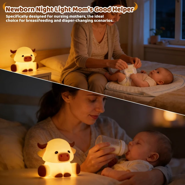 Alt view image 5 of 6 - Cute Highland Cow Rechargeable Night Light, LED Touch Silicone Lamp for Bedroom with 7 Colors Timer and Dimmable Squishy Warm Night Lights, Novelty Animal Lamp for Nursery Birthday Gift