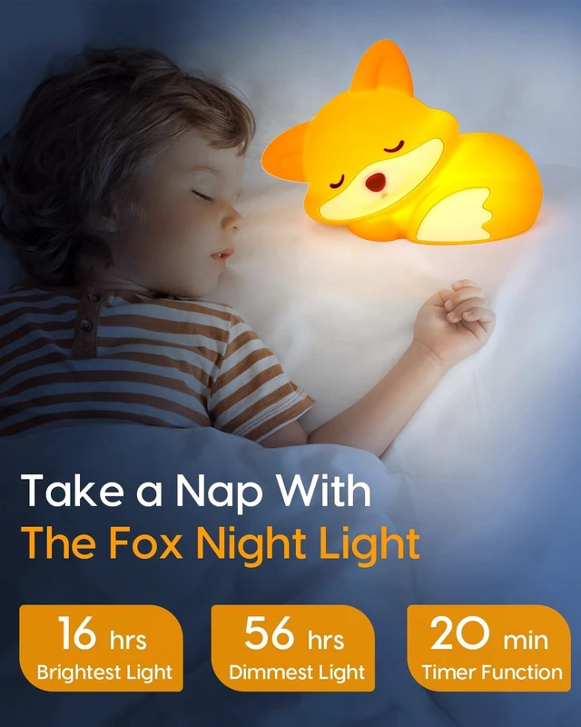 Alt view image 3 of 7 - Fox Night Light, Cute Fox Lamp, Silicone Dimmable for Baby Nursery | BPA-Free Soft Silicone, 20 Min Timer, Tap Control, Cute Rechargeable Bedside Lamp, Gifts for Kids Baby Boys Girls, Fox Stuff