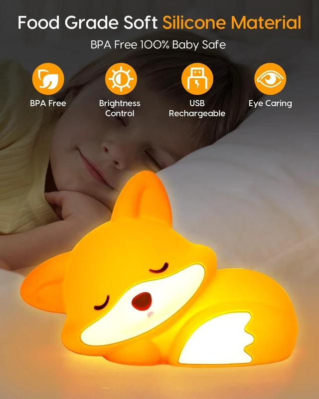 Alt view image 5 of 7 - Fox Night Light, Cute Fox Lamp, Silicone Dimmable for Baby Nursery | BPA-Free Soft Silicone, 20 Min Timer, Tap Control, Cute Rechargeable Bedside Lamp, Gifts for Kids Baby Boys Girls, Fox Stuff