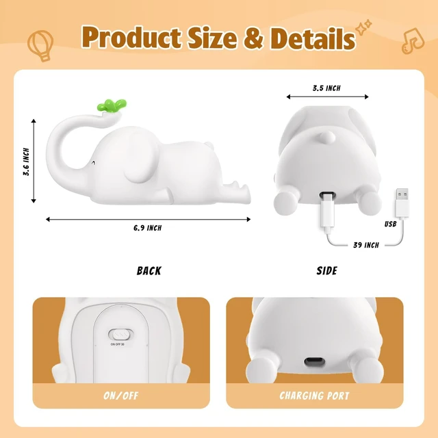 Alt view image 5 of 7 - Silicone Elephant Night Light for Kids - 3-Level Dimmable & Rechargeable LED Lamp, Touch Control Soft Animal Light for Nursery, Baby Room Decor