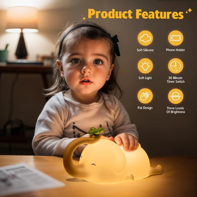 Alt view image 4 of 7 - Silicone Elephant Night Light for Kids - 3-Level Dimmable & Rechargeable LED Lamp, Touch Control Soft Animal Light for Nursery, Baby Room Decor