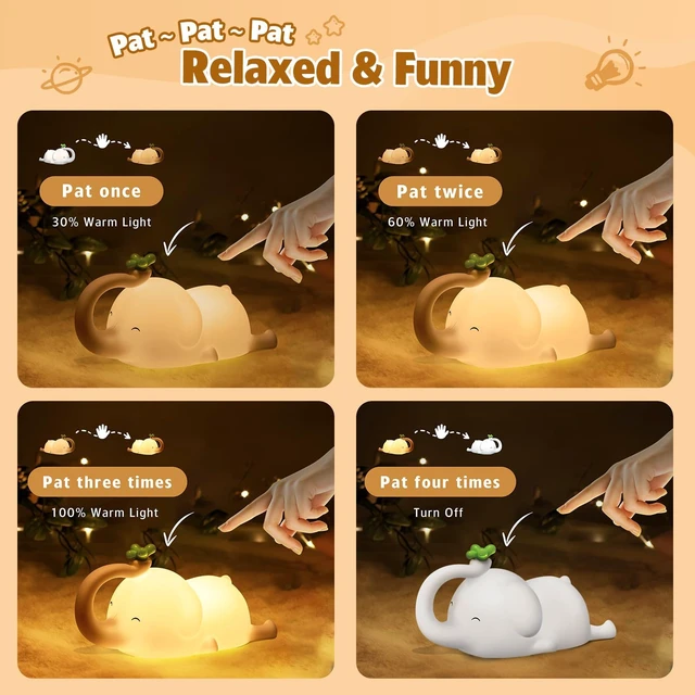 Alt view image 7 of 7 - Silicone Elephant Night Light for Kids - 3-Level Dimmable & Rechargeable LED Lamp, Touch Control Soft Animal Light for Nursery, Baby Room Decor