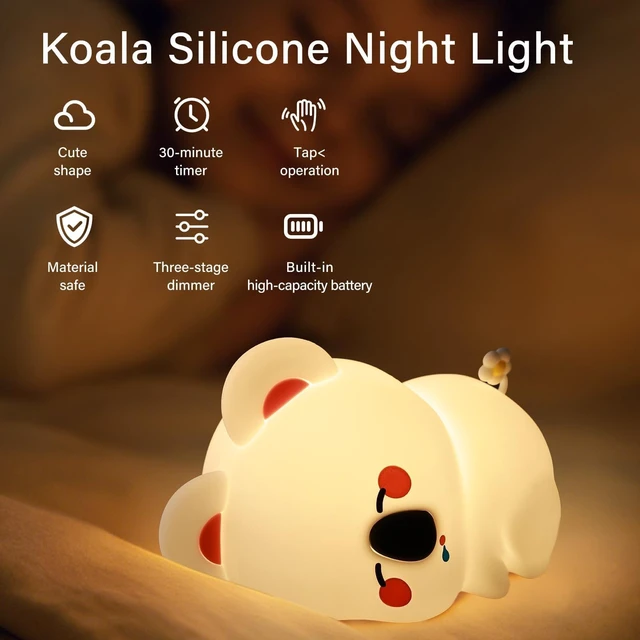 Alt view image 2 of 7 - Koala Silicone Night Light, Rechargeable Squishy LED Lamp for Bedroom, Dorm | Timer/Touch/Tap control/Dimmable, Portable Bedside Night Light, Breastfeeding, Diaper Changes,Woodland Decor