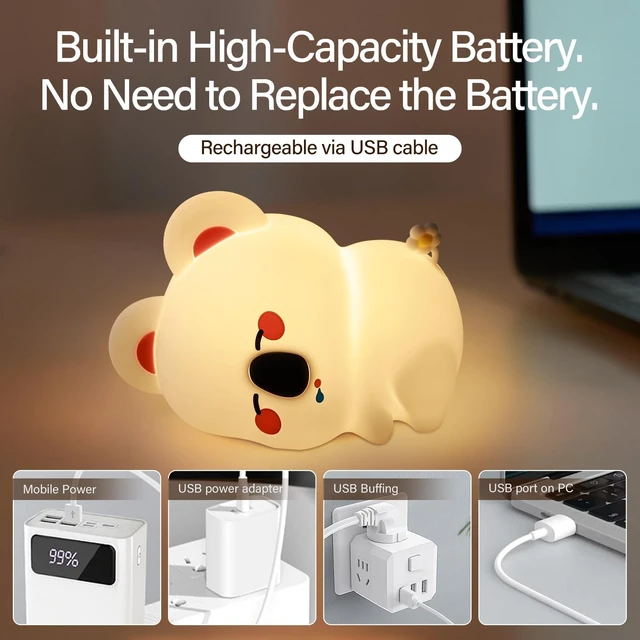 Alt view image 7 of 7 - Koala Silicone Night Light, Rechargeable Squishy LED Lamp for Bedroom, Dorm | Timer/Touch/Tap control/Dimmable, Portable Bedside Night Light, Breastfeeding, Diaper Changes,Woodland Decor