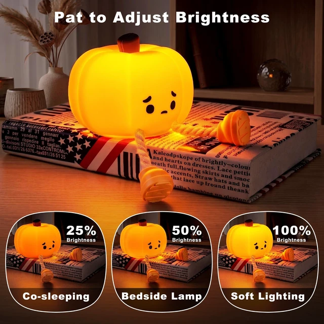 Alt view image 3 of 7 - Pumpkin Night Light, 2 Pack Rechargeable Halloween Nightlights | Dimmable; Silicone; Touch Control; Orange Cute Pumpkin Lamp for Kids Baby Toddler Fall Autumn Room Office Bedside Desk Decor