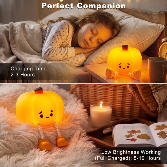 Alt view image 2 of 7 - Pumpkin Night Light, 2 Pack Rechargeable Halloween Nightlights | Dimmable; Silicone; Touch Control; Orange Cute Pumpkin Lamp for Kids Baby Toddler Fall Autumn Room Office Bedside Desk Decor
