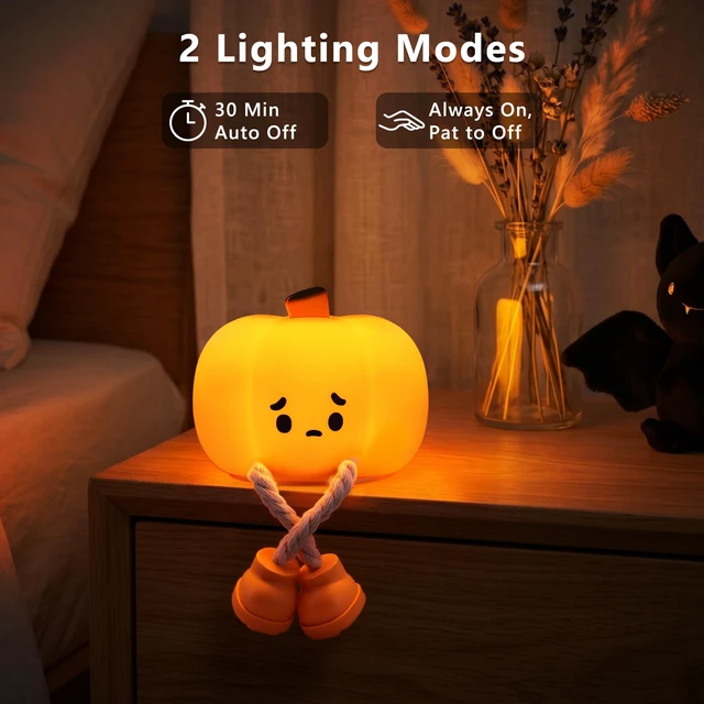 Alt view image 5 of 7 - Pumpkin Night Light, 2 Pack Rechargeable Halloween Nightlights | Dimmable; Silicone; Touch Control; Orange Cute Pumpkin Lamp for Kids Baby Toddler Fall Autumn Room Office Bedside Desk Decor