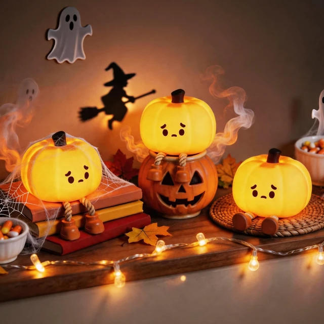 Alt view image 7 of 7 - Pumpkin Night Light, 2 Pack Rechargeable Halloween Nightlights | Dimmable; Silicone; Touch Control; Orange Cute Pumpkin Lamp for Kids Baby Toddler Fall Autumn Room Office Bedside Desk Decor