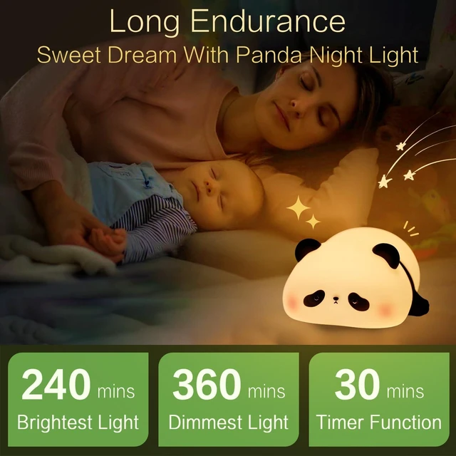 Alt view image 2 of 6 - Panda Cute Night Light, Squishy Baby Kids Lamp, LED Panda Gifts | College White Elephant Gifts, Safe Silicone, Rechargeable Novelty Animal Touch Nightlight, Dimmable Nursery Room Office Decor