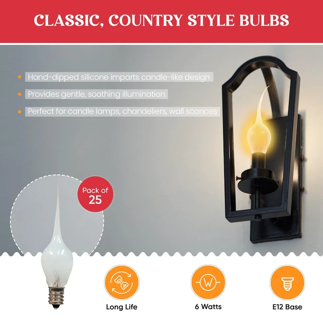 Alt view image 2 of 4 - 6 Watt, S6 Shape, Silicone Dipped, Country Style Incandescent, Electric Candle Lamp Chandelier Light Bulbs, Individually Boxed | Pack of 6 Bulbs